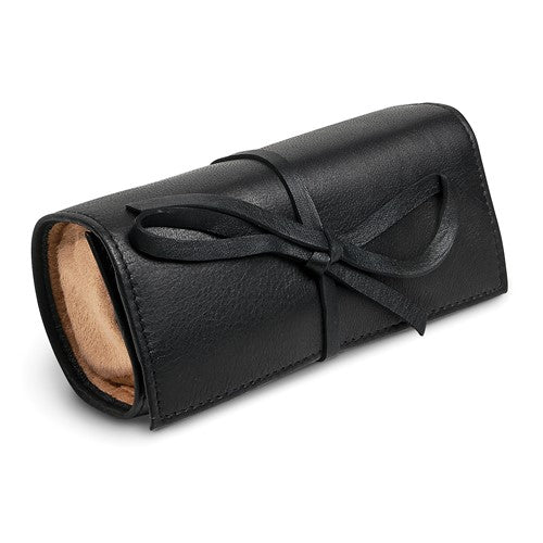 JP Black Leather Tie Jewelry Roll with Removable Zippered Pouch