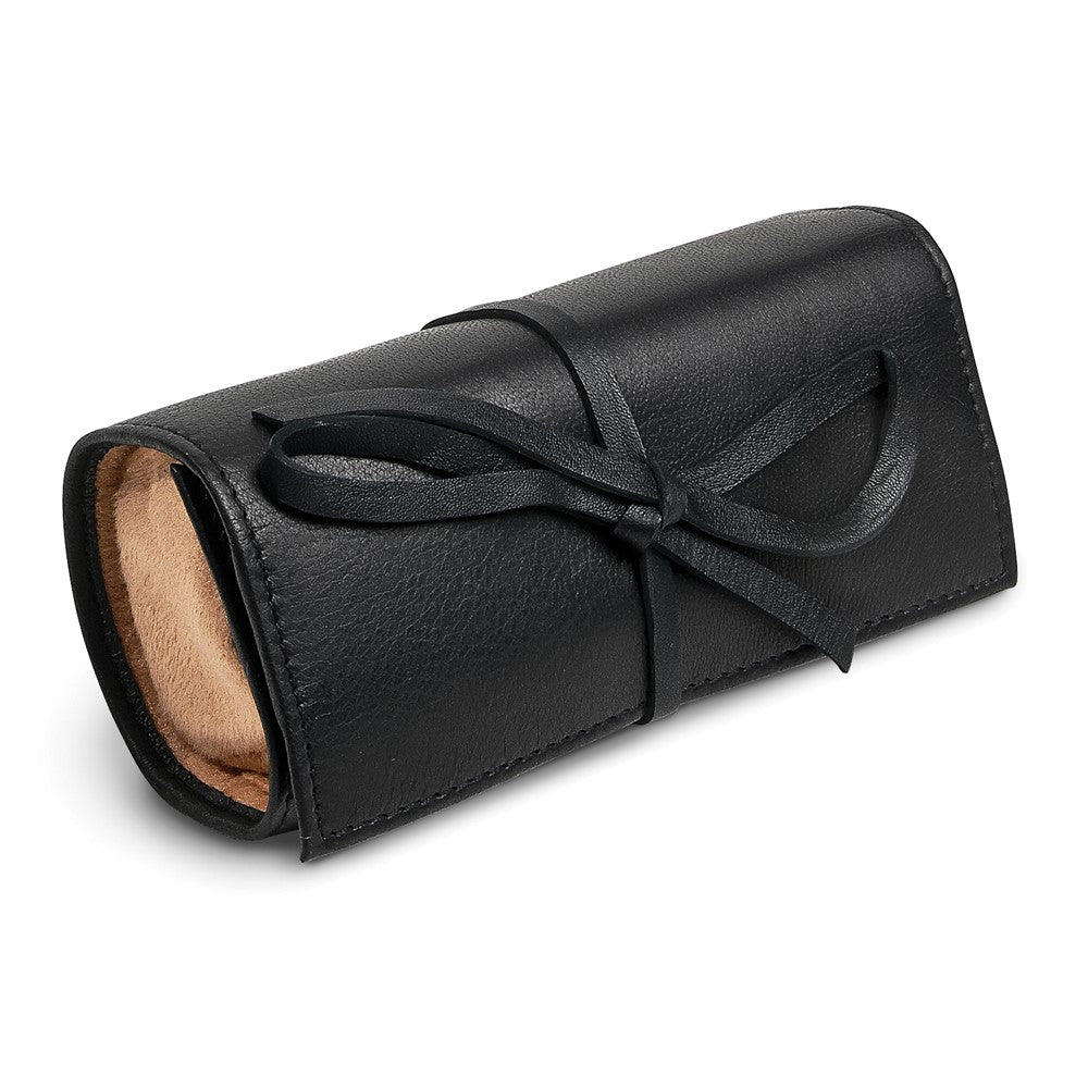 JP Black Leather Tie Jewelry Roll with Removable Zippered Pouch