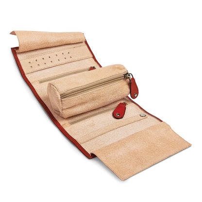 JP Red Leather Tie Jewelry Roll with Removable Zippered Pouch