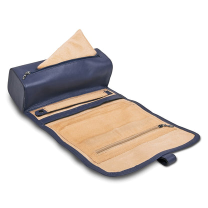 JP Blue Leather Snap Strap Large Jewelry Roll with Watch/Bracelet Pillow