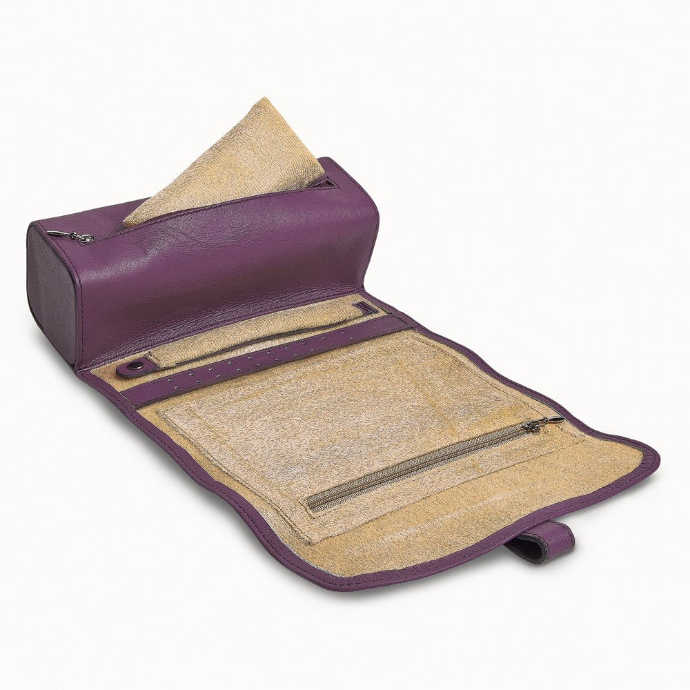 JP Purple Leather Snap Strap Large Jewelry Roll with Watch/Bracelet Pillow
