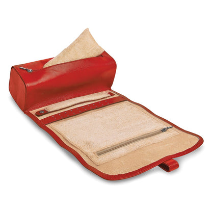 JP Red Leather Snap Strap Large Jewelry Roll with Watch/Bracelet Pillow