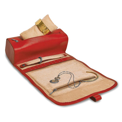 JP Red Leather Snap Strap Large Jewelry Roll with Watch/Bracelet Pillow