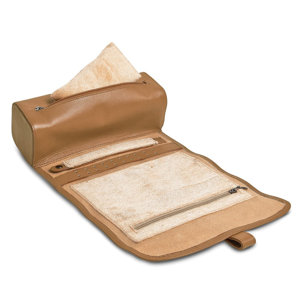 JP Tan Leather Snap Strap Large Jewelry Roll with Watch/Bracelet Pillow