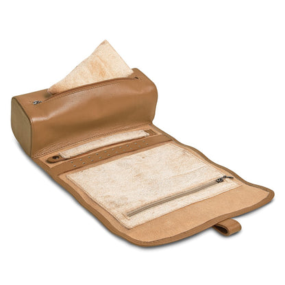 JP Tan Leather Snap Strap Large Jewelry Roll with Watch/Bracelet Pillow