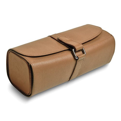 JP Tan Leather Snap Strap Large Jewelry Roll with Watch/Bracelet Pillow