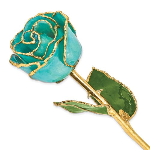 GR Lacquer Dipped Gold Trimmed Aqua Green Opalescent Real Rose