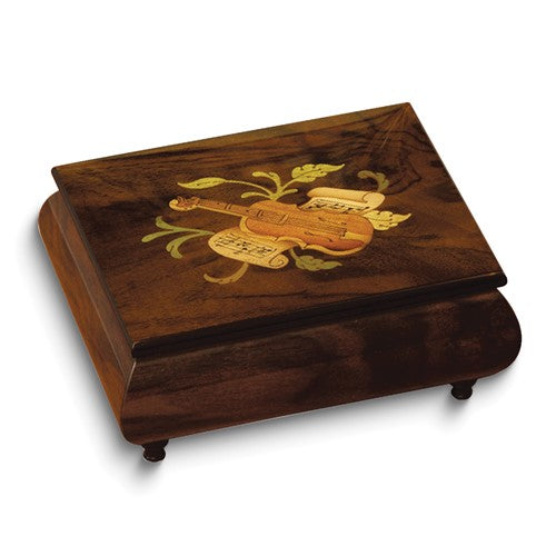 JB Handcrafted High Gloss Finish Brown Violin Inlay Wooden Music Box with Velvet Lining