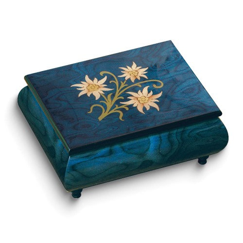 JB Handcrafted High Gloss Finish Blue Floral Inlay Wooden Music Box Plays  ISLE of CAPRI with Velvet Lining