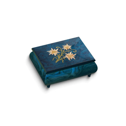 JB Handcrafted High Gloss Finish Blue Floral Inlay Wooden Music Box Plays  ISLE of CAPRI with Velvet Lining