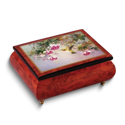 JB Artist Lena Liu - Handcrafted High Gloss Finish Hummingbird with Fuchsia (Plays Waltz of the Flowers) Wooden Music Box with Velvet Lining