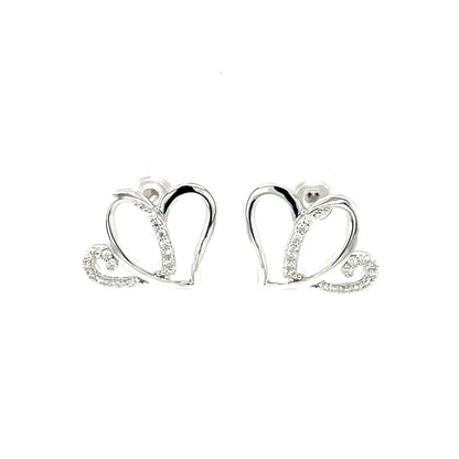 Two Hearts Earrings - Half Accented | Rhodium Plated Sterling Silver | Moissanite | Anniversary Heart