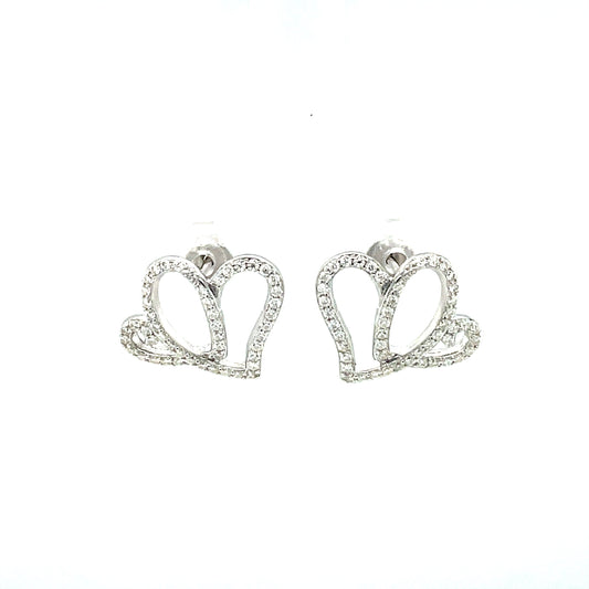 Two Hearts Earrings - Fully Accented | Rhodium Plated Sterling Silver | Moissanite | Anniversary Heart