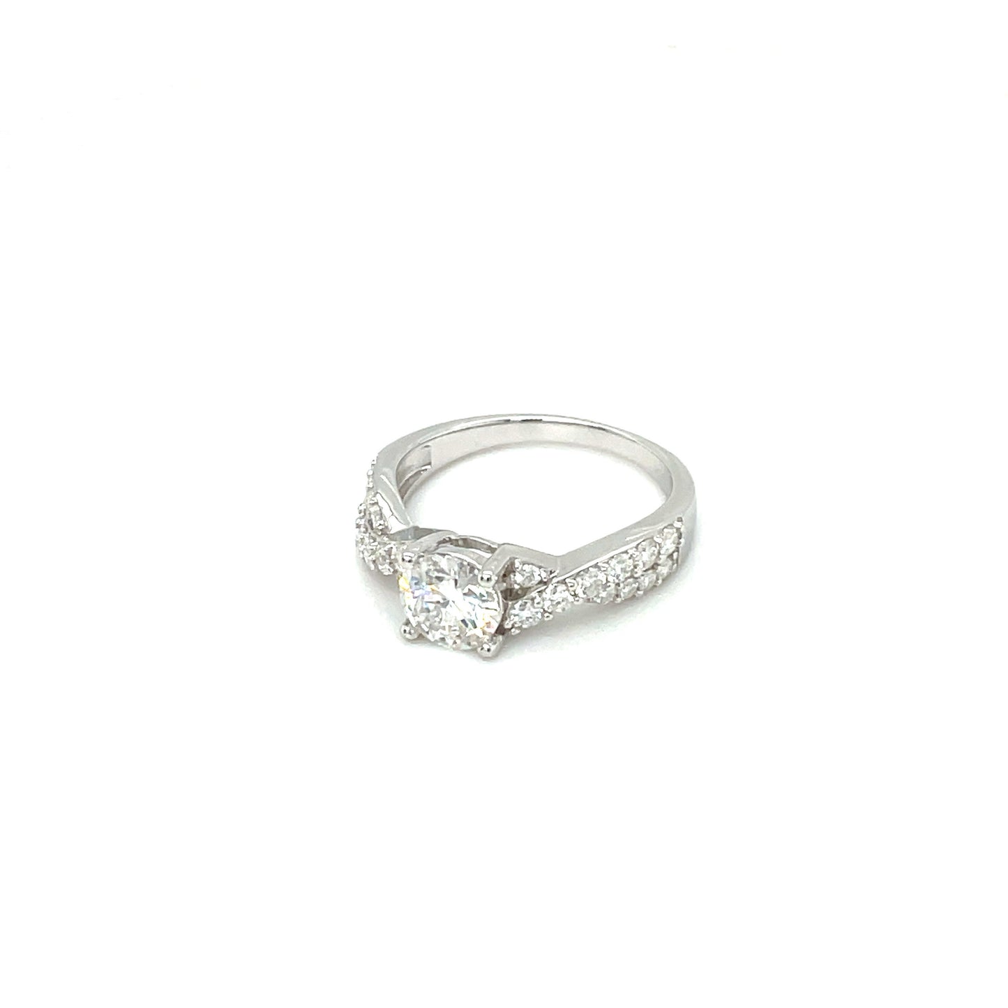 Round Accented Twisted Ring 1CT | Rhodium Plated Sterling Silver | Moissanite | Through Thick & Thin