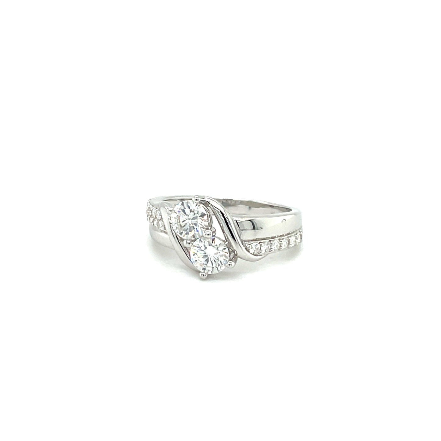 2 Stone Round High Polish Ring | Rhodium Plated Sterling Silver | Moissanite | Through Thick & Thin