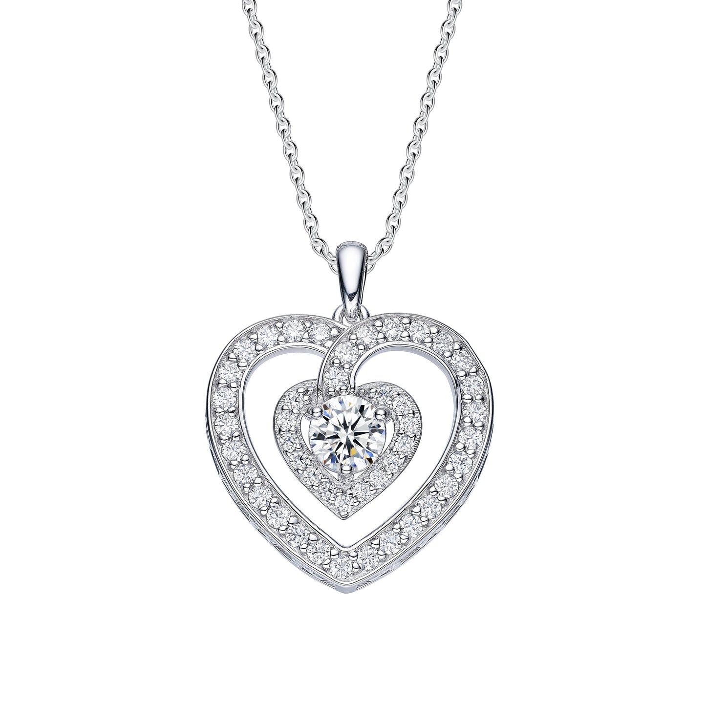 LE Accented Large Stone Heart Pendant | Platinum Plated Sterling Silver | Moissanite | Love's Embrace tm