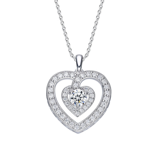 Accented Large Stone Heart Pendant | Platinum Plated Sterling Silver | Moissanite | Power of Love