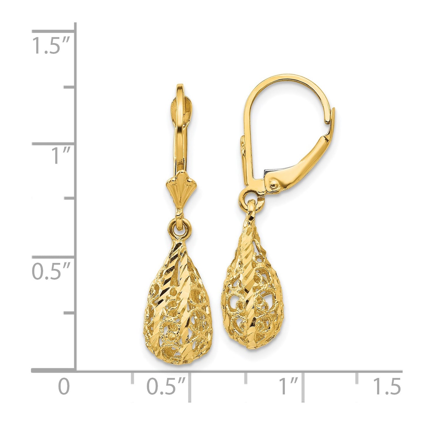 14k Polished Diamond-Cut Filigree Dangle Leverback Earrings