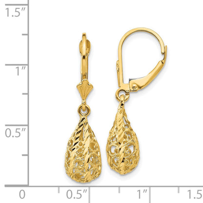 GE 14k Polished Diamond-Cut Filigree Dangle Leverback Earrings
