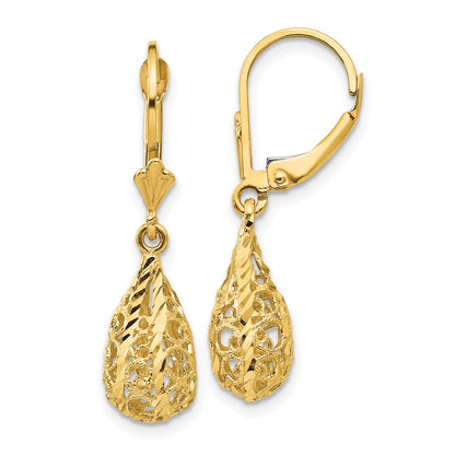 14k Polished Diamond-Cut Filigree Dangle Leverback Earrings