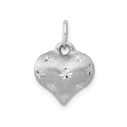 14k White Gold Satin Diamond-cut 3D Puffed Heart Pendant