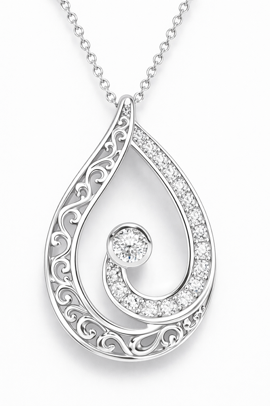 MS Embracing You Always Teardrop Pendant; Rhodium Plated SS w/Created Sapphire Gemstones & Chain.