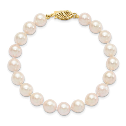 PGB 14k 7-8mm White Round Akoya Saltwater Cultured Pearl 7 inch Bracelet