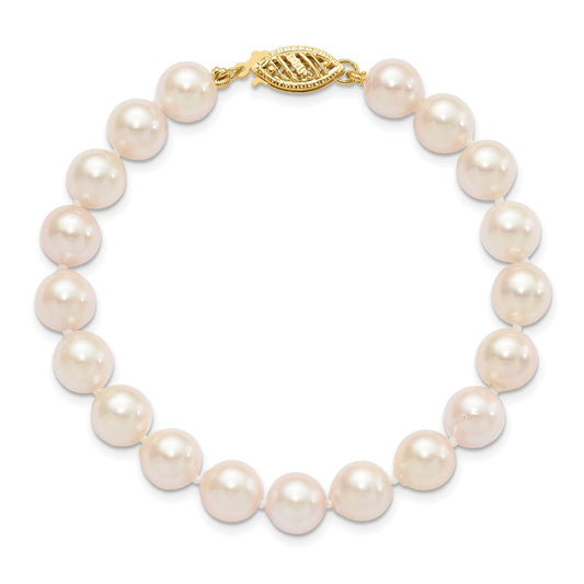 PGB 14k 7-8mm White Round Akoya Saltwater Cultured Pearl 7 inch Bracelet