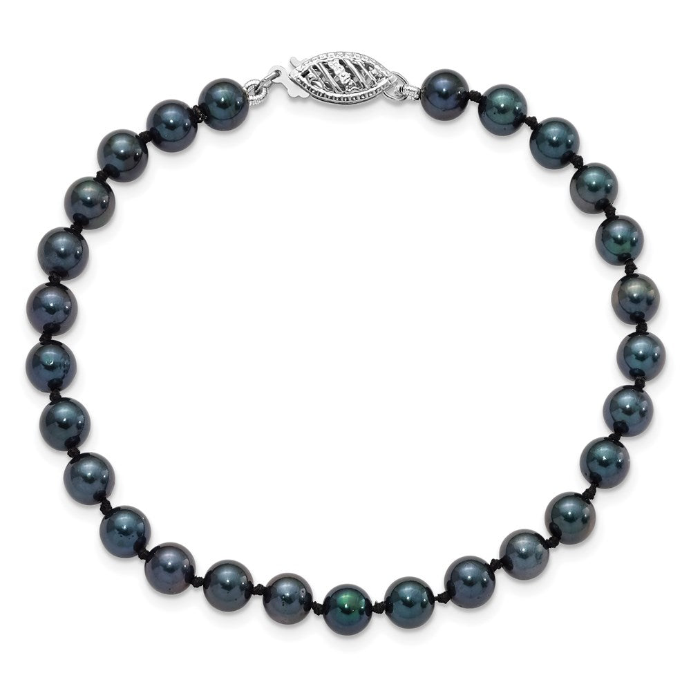PGB 14k White Gold 5-6mm Black Round Akoya Saltwater Cultured Pearl 7 inch Bracelet