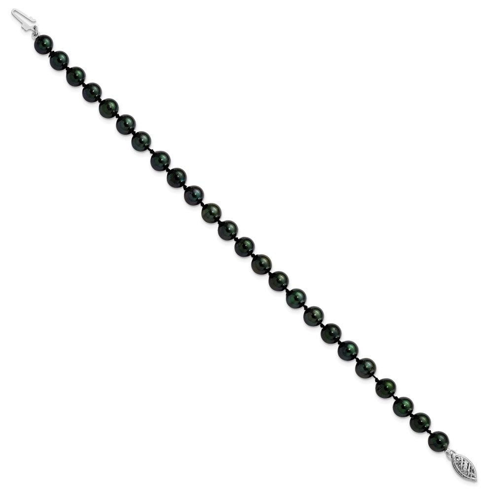 PGB 14k White Gold 6-7mm Black Round Saltwater Akoya Cultured Pearl 8 inch Bracelet