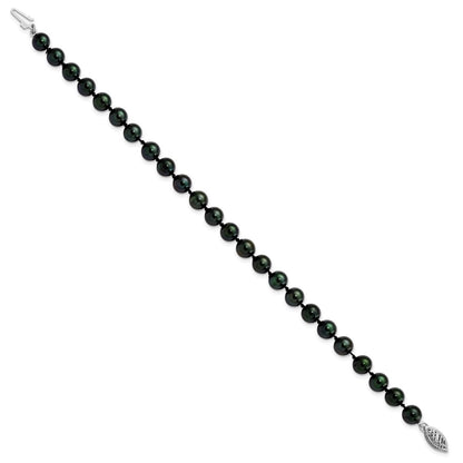 PGB 14k White Gold 6-7mm Black Round Saltwater Akoya Cultured Pearl 8 inch Bracelet