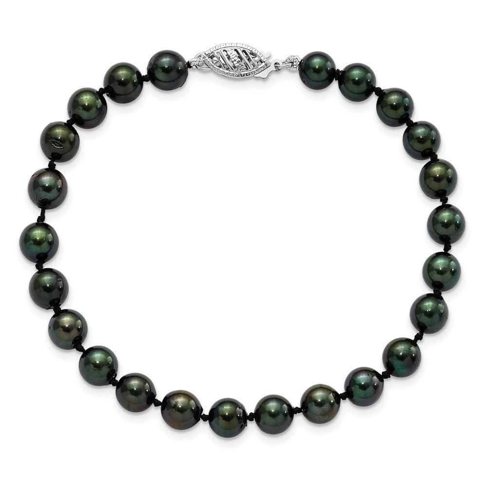 PGB 14k White Gold 6-7mm Black Round Saltwater Akoya Cultured Pearl 8 inch Bracelet
