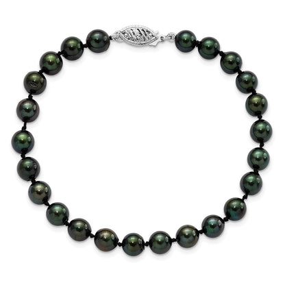 PGB 14k White Gold 6-7mm Black Round Saltwater Akoya Cultured Pearl 8 inch Bracelet