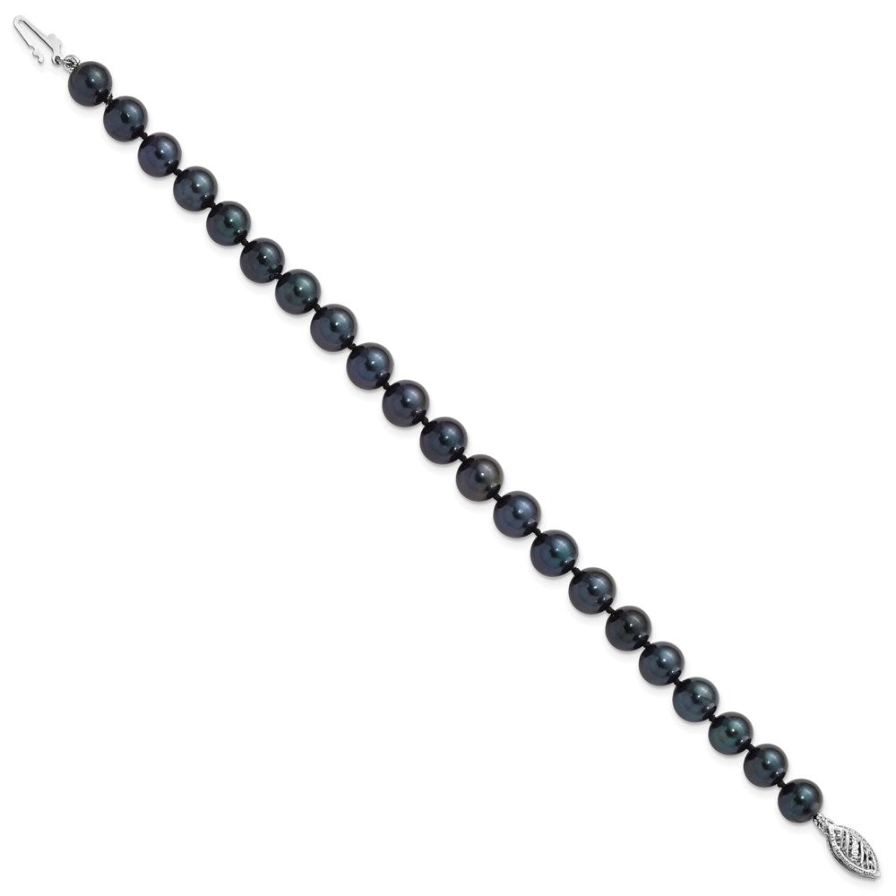 PGB 14k White Gold 7-8mm Black Round Saltwater Akoya Cultured Pearl 8 inch Bracelet