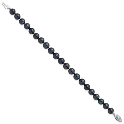 PGB 14k White Gold 7-8mm Black Round Saltwater Akoya Cultured Pearl 8 inch Bracelet