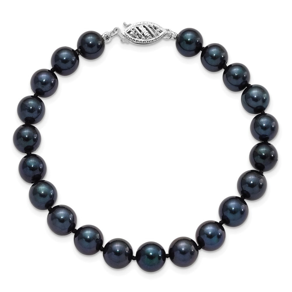 PGB 14k White Gold 7-8mm Black Round Saltwater Akoya Cultured Pearl 8 inch Bracelet