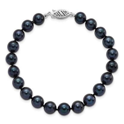 PGB 14k White Gold 7-8mm Black Round Saltwater Akoya Cultured Pearl 8 inch Bracelet