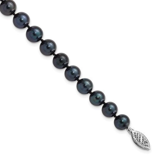 PGB 14k White Gold 7-8mm Black Round Saltwater Akoya Cultured Pearl 8 inch Bracelet