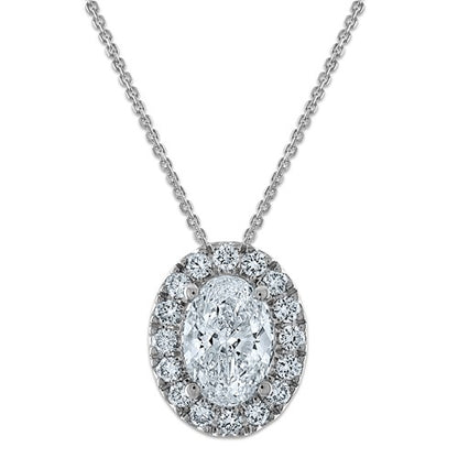 LGWN 14k White Gold 2 1/2 carat Certified Lab Grown Diamond VS/SI+ G+ Complete 18 inch Oval Halo Pendant Necklace