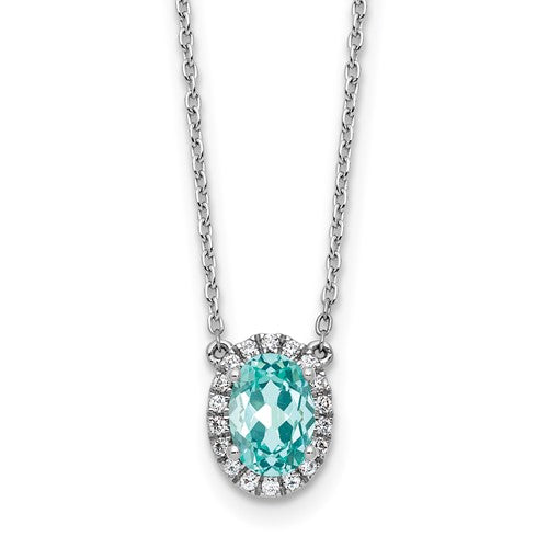 LGWN Pure Serenity 14k White Gold 1/8 carat Lab Grown Diamond VS/SI+ G+ and Lab Created Paraiba 18 inch Oval Halo Pendant Necklace