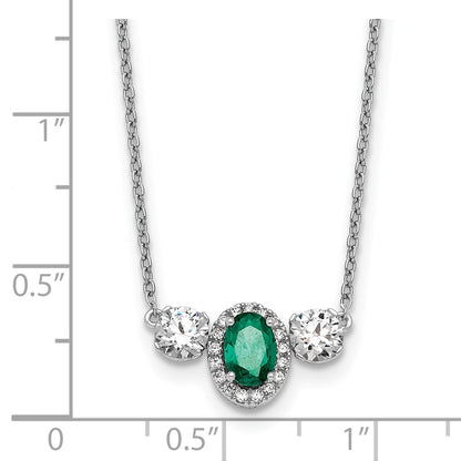 LGWN 14k White Gold 1 1/8 carat Lab Grown Diamond VS/SI+ G+ and Created Emerald Complete Three Stone 16 inch Necklace