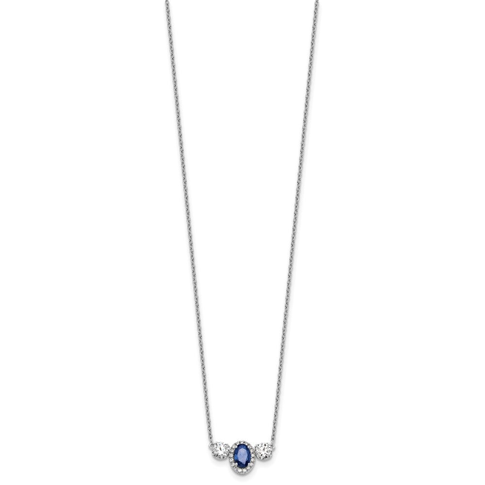 LGGN 14k White Gold 1 1/8 carat Lab Grown Diamond VS/SI+ G+ and Created Sapphire Complete Three Stone 16 inch Necklace