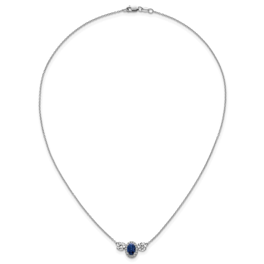 LGGN 14k White Gold 1 1/8 carat Lab Grown Diamond VS/SI+ G+ and Created Sapphire Complete Three Stone 16 inch Necklace