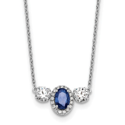 LGGN 14k White Gold 1 1/8 carat Lab Grown Diamond VS/SI+ G+ and Created Sapphire Complete Three Stone 16 inch Necklace