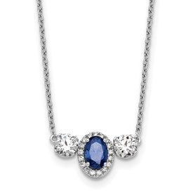LGGN 14k White Gold 1 1/8 carat Lab Grown Diamond VS/SI+ G+ and Created Sapphire Complete Three Stone 16 inch Necklace