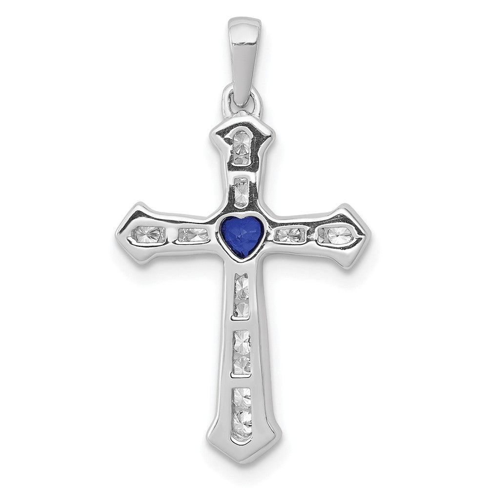 GGC 14k White Gold 1/5 carat Lab Grown Diamond VS/SI+ G+ and Lab Created Blue Sapphire Complete Cross Pendant