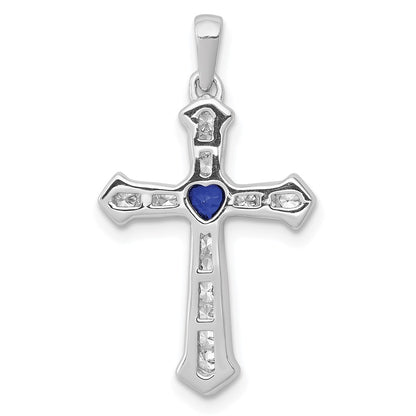 GGC 14k White Gold 1/5 carat Lab Grown Diamond VS/SI+ G+ and Lab Created Blue Sapphire Complete Cross Pendant