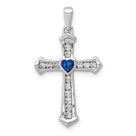 GGC 14k White Gold 1/5 carat Lab Grown Diamond VS/SI+ G+ and Lab Created Blue Sapphire Complete Cross Pendant