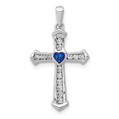 GGC 14k White Gold 1/5 carat Lab Grown Diamond VS/SI+ G+ and Lab Created Blue Sapphire Complete Cross Pendant