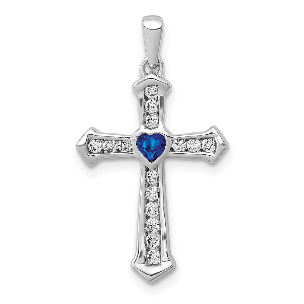 GGC 14k White Gold 1/5 carat Lab Grown Diamond VS/SI+ G+ and Lab Created Blue Sapphire Complete Cross Pendant